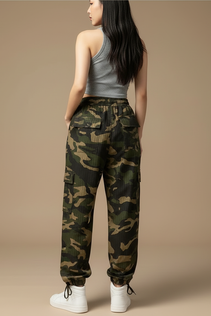 Pantalon Cargo Camouflage Ample Vert Femme Streetwear - Toile - vue 2