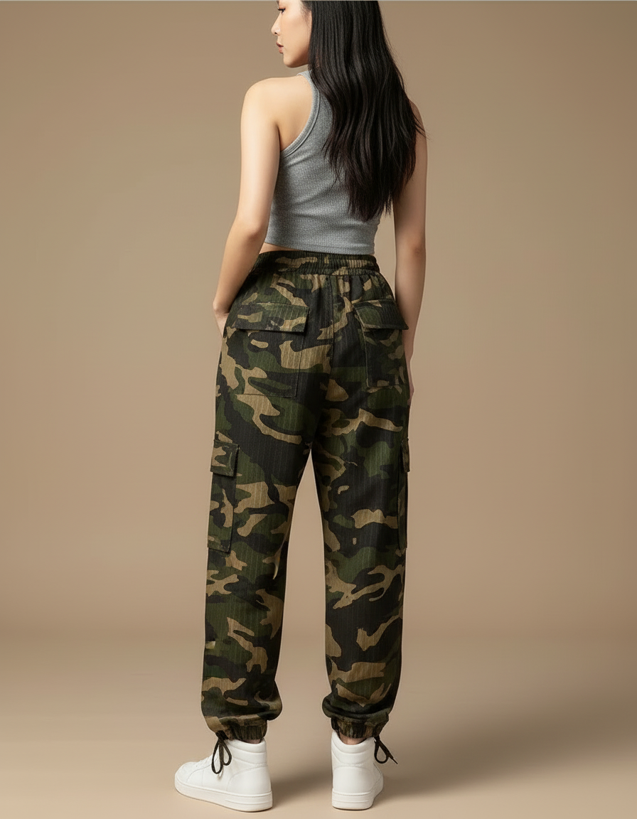 Pantalon Cargo Camouflage Ample Vert Femme Streetwear - Toile - vue 2