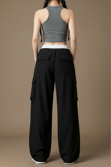 Pantalon Cargo Noir Ample Rayures Blanches Femme Sportif - Polyester - vue 2