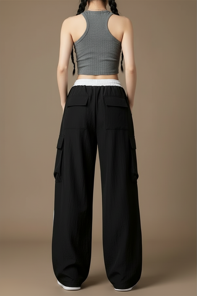 Pantalon Cargo Noir Ample Rayures Blanches Femme Sportif - Polyester - vue 2