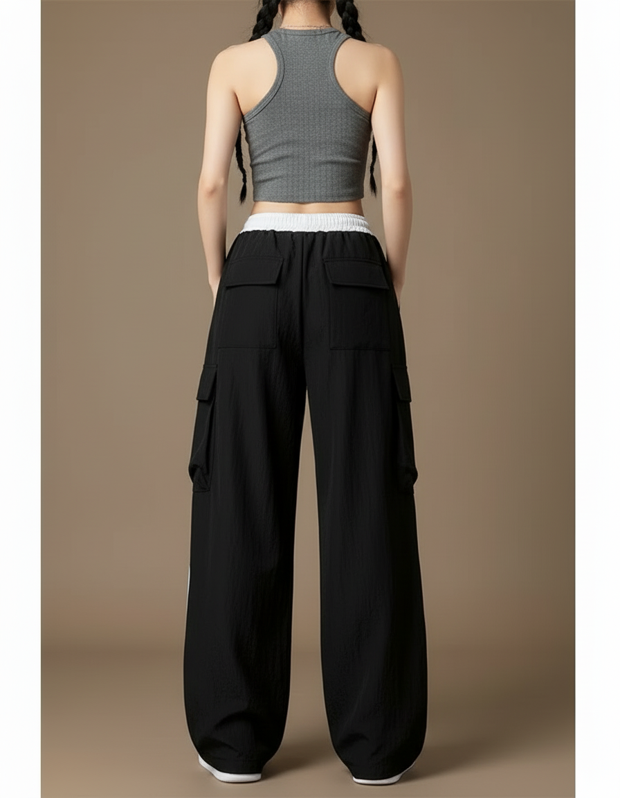 Pantalon Cargo Noir Ample Rayures Blanches Femme Sportif - Polyester - vue 2