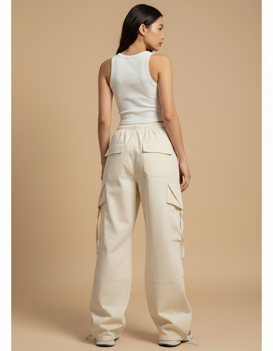 Pantalon Cargo Beige Ample Poches Cordon - Toile - vue 2