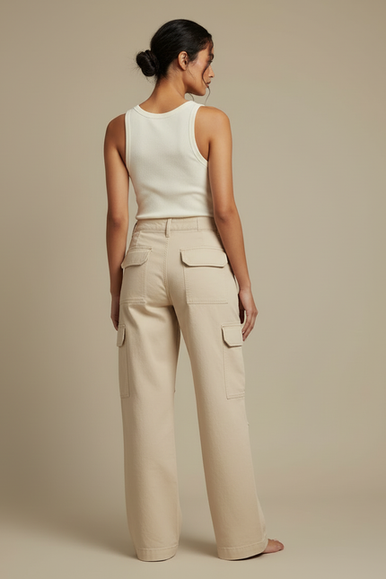 Pantalon Cargo Beige Ample Coton Décontracté Femme - Toile - vue 2