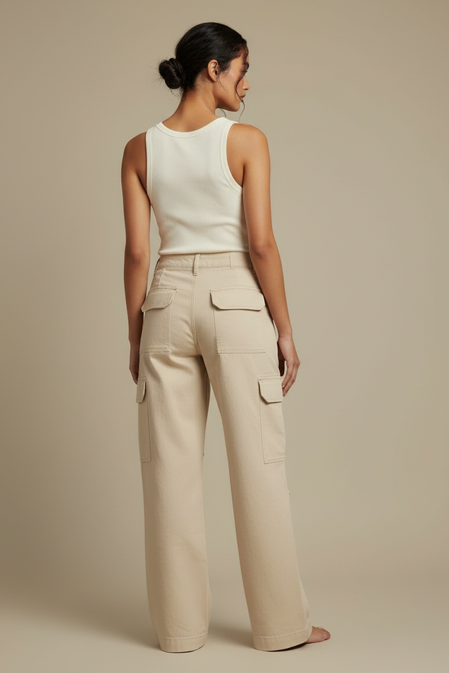 Pantalon Cargo Beige Ample Coton Décontracté Femme - Toile - vue 2