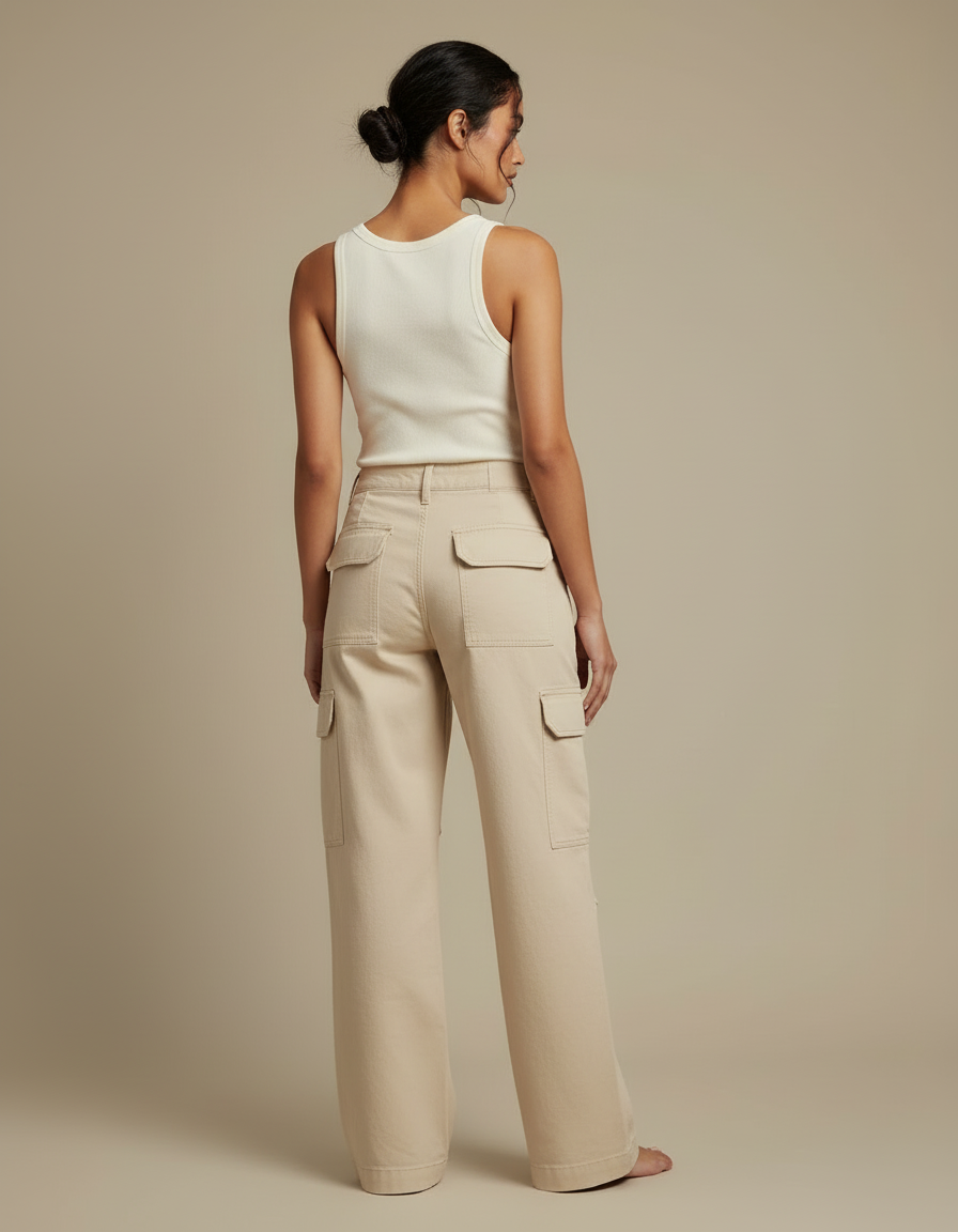 Pantalon Cargo Beige Ample Coton Décontracté Femme - Toile - vue 2