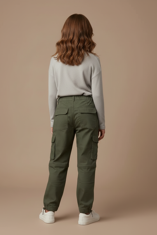 Pantalon Cargo Vert Militaire Ample Détachable Enfant - Kaki Gabardine - vue 2