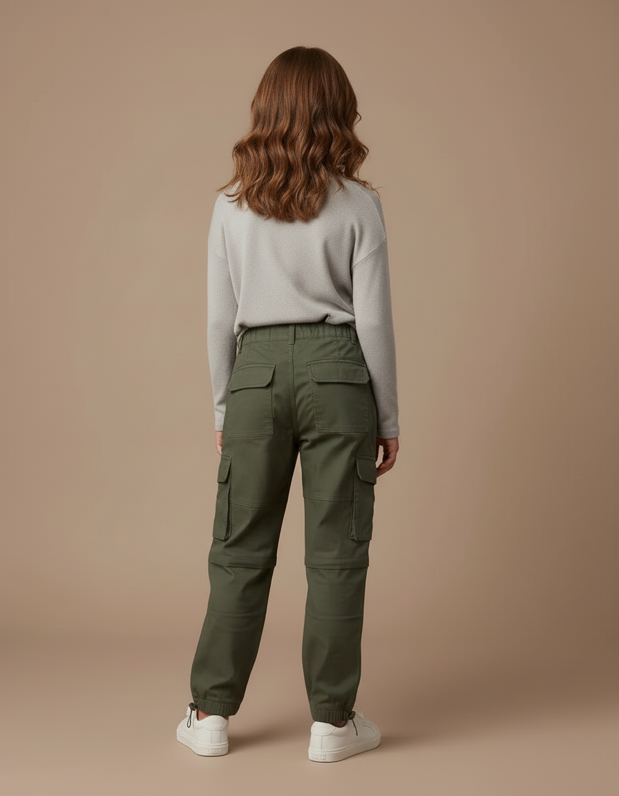 Pantalon Cargo Vert Militaire Ample Détachable Enfant - Kaki Gabardine - vue 2
