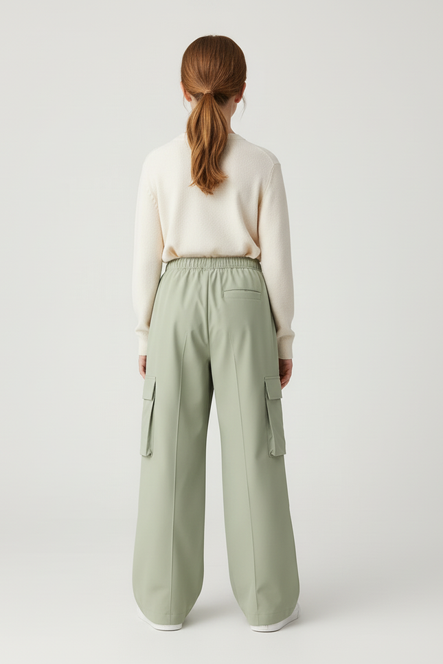 Pantalon Cargo Vert Sauge Ample Élastique Multipoches Enfant - Polyester - vue 2