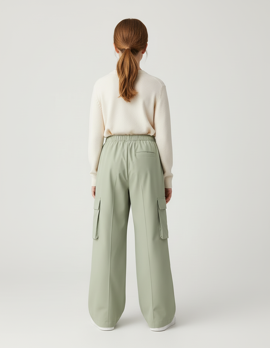 Pantalon Cargo Vert Sauge Ample Élastique Multipoches Enfant - Polyester - vue 2