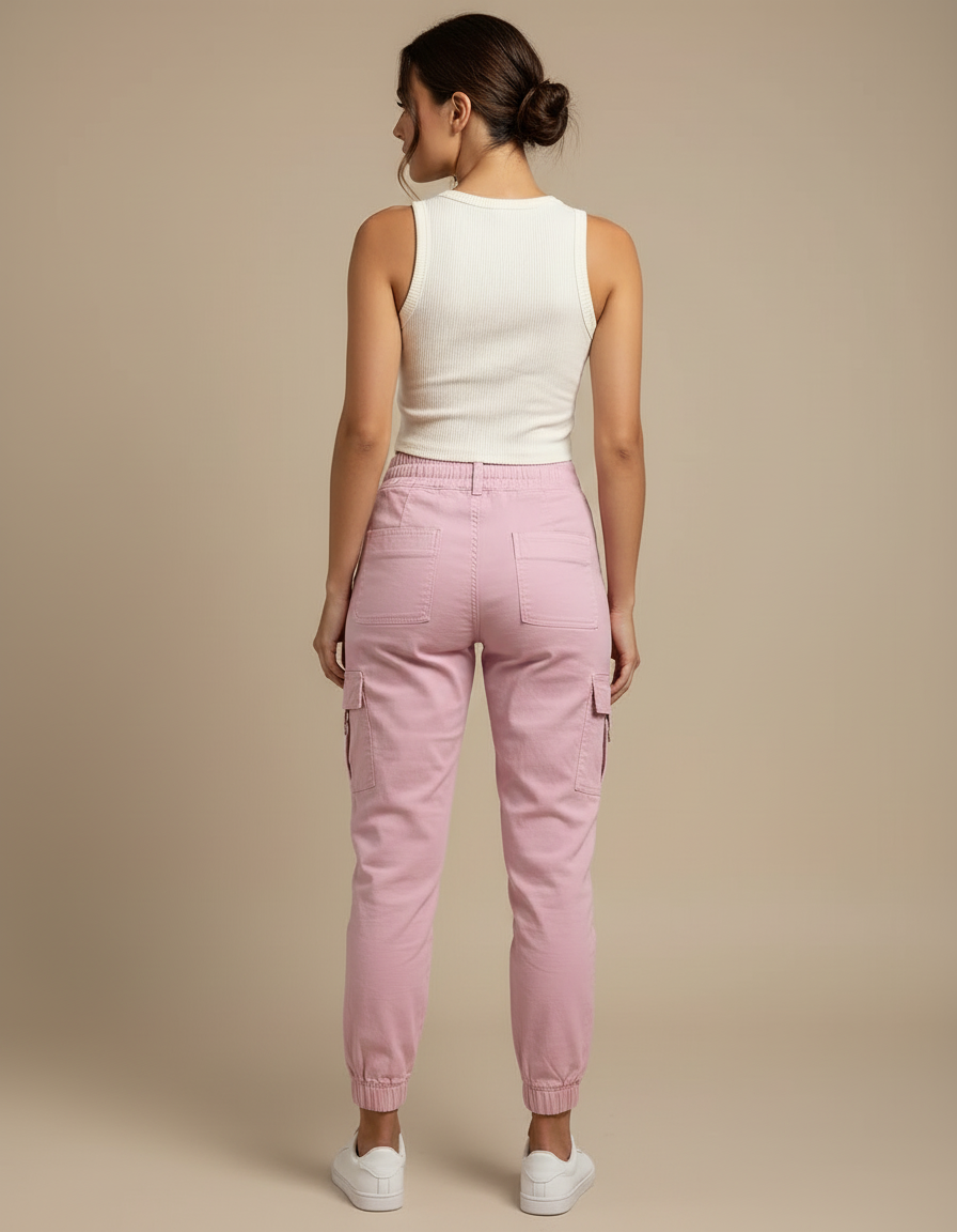 Pantalon Cargo Rose Ample Bretelles Décontracté Femme - Toile - vue 2