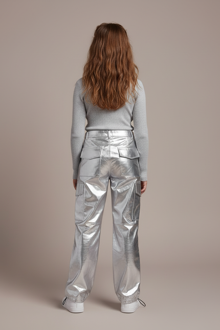 Pantalon Cargo Métallisé Brillant Ample Fille - Argenté Polyester - vue 2