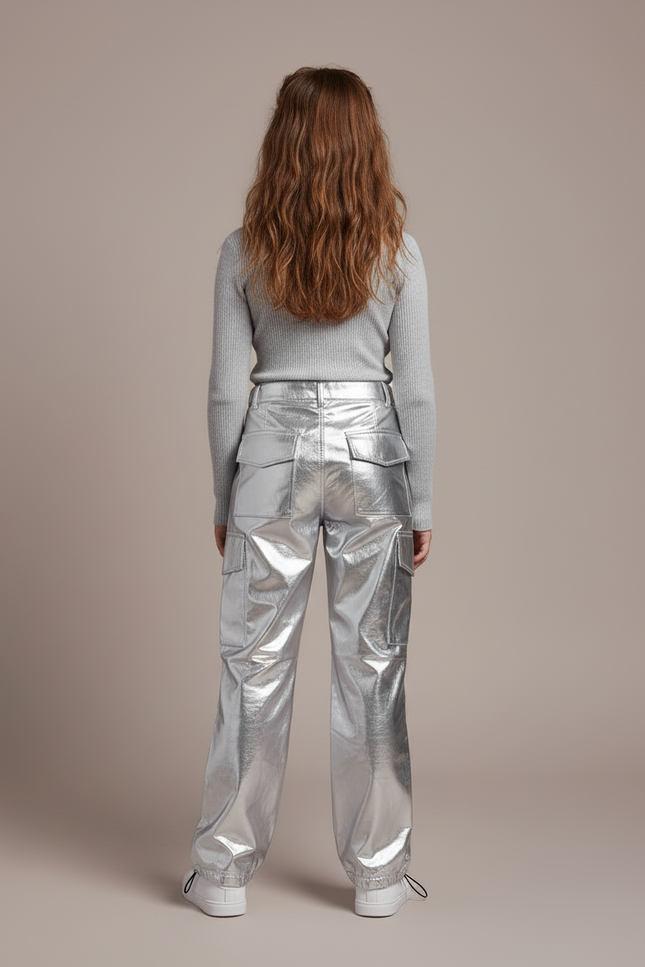 Pantalon Cargo Métallisé Brillant Ample Fille - Argenté Polyester - vue 2