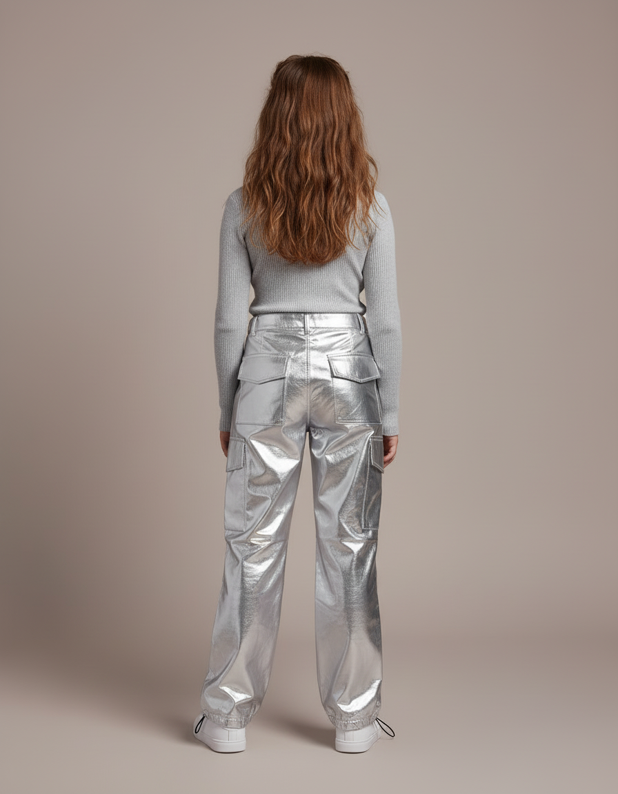 Pantalon Cargo Métallisé Brillant Ample Fille - Argenté Polyester - vue 2