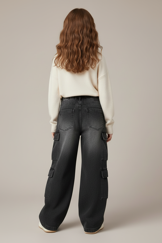 Pantalon Cargo Gris Délavé Jean Ample Multipoches Fille - vue 2