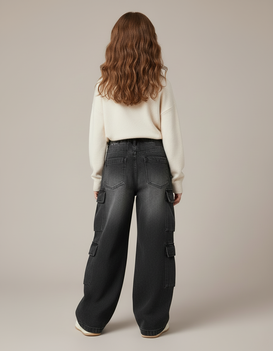 Pantalon Cargo Gris Délavé Jean Ample Multipoches Fille - vue 2