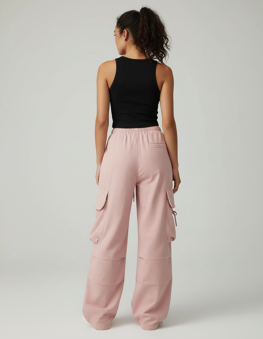 Pantalon Cargo Rose Ample Fluide Décontracté Femme - Molleton - vue 2