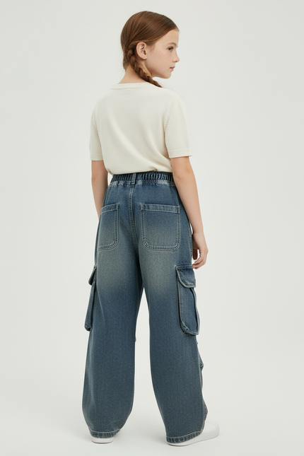 Pantalon Cargo Fille Denim Ample Taille Haute Bleu - Jean - vue 2