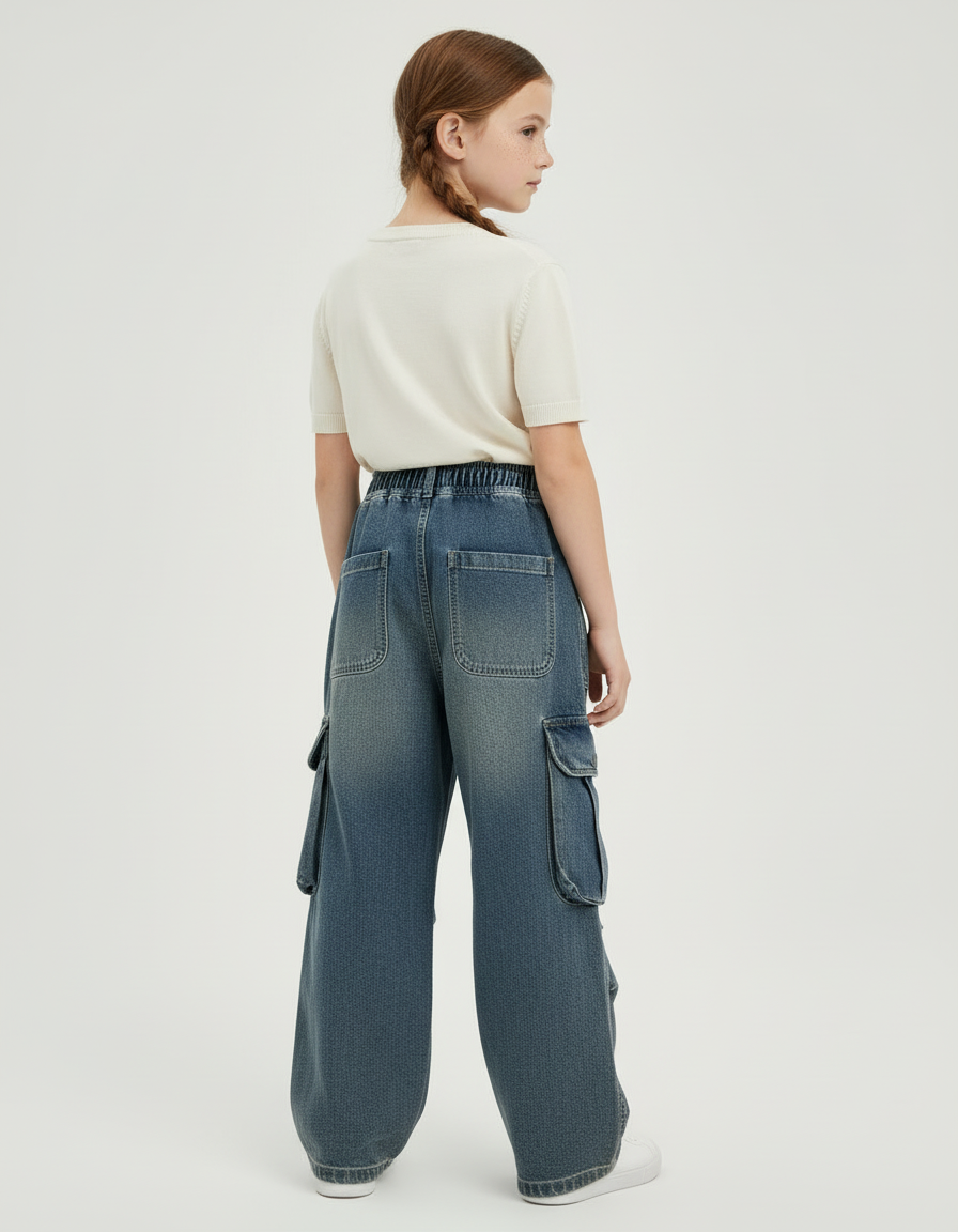 Pantalon Cargo Fille Denim Ample Taille Haute Bleu - Jean - vue 2