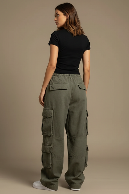 Pantalon Cargo Vert Olive Ample Décontracté Femme - Kaki Toile - vue 2