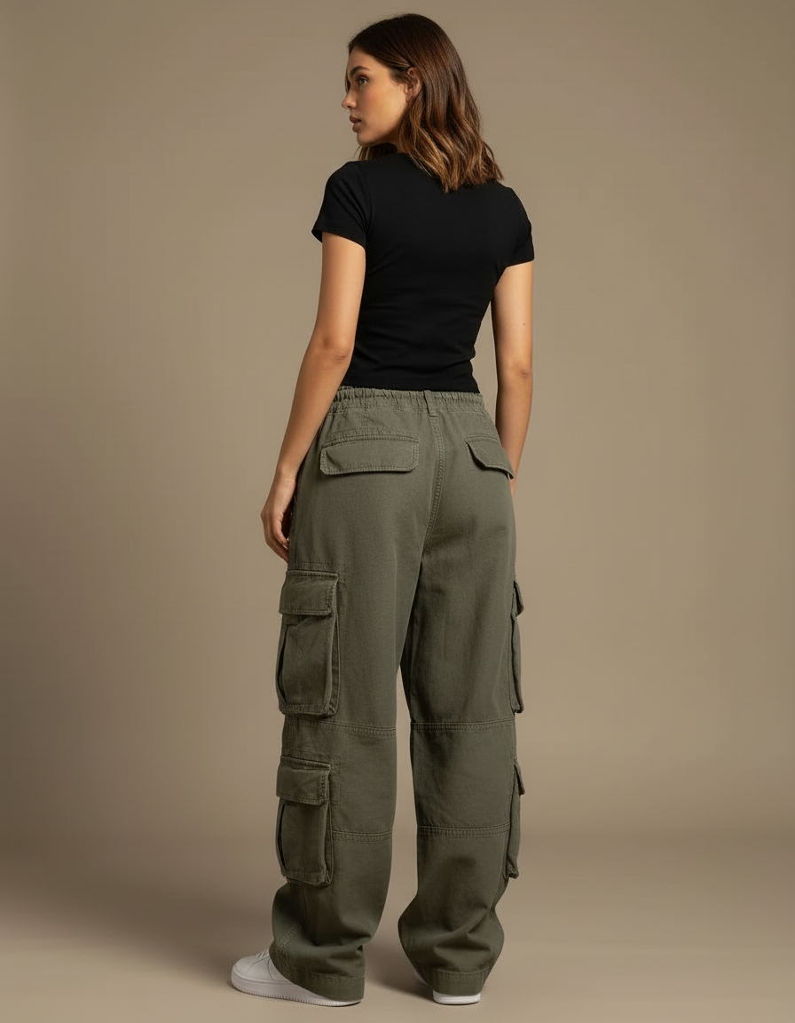Pantalon Cargo Vert Olive Ample Décontracté Femme - Kaki Toile - vue 2
