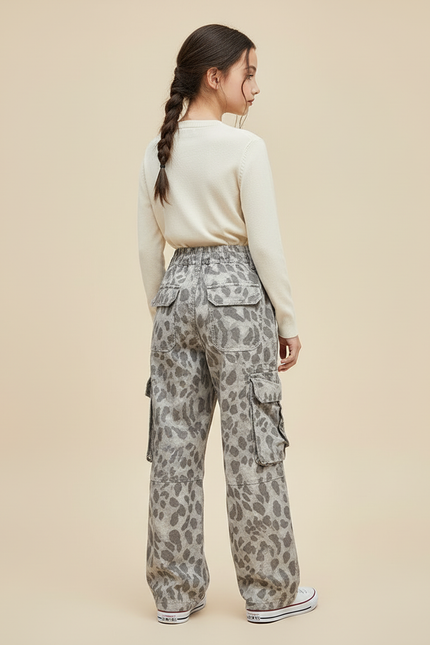 Pantalon Cargo Léopard Gris Ample Fille Multipoches - Toile - vue 2