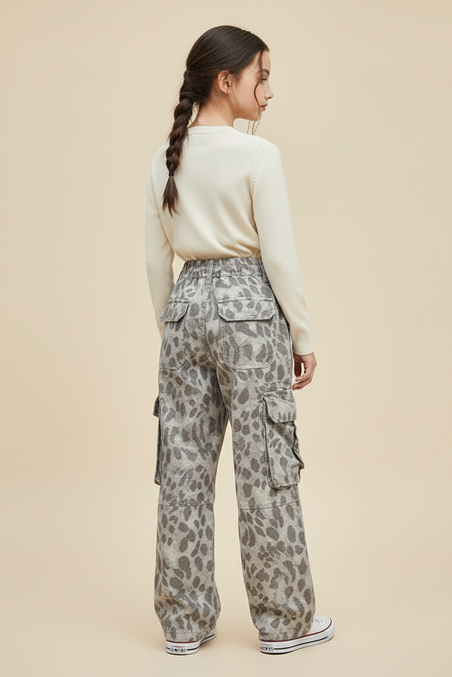 Pantalon Cargo Léopard Gris Ample Fille Multipoches - Toile - vue 2