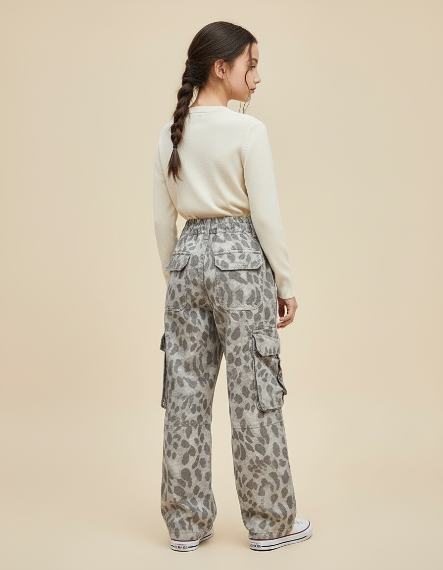 Pantalon Cargo Léopard Gris Ample Fille Multipoches - Toile - vue 2