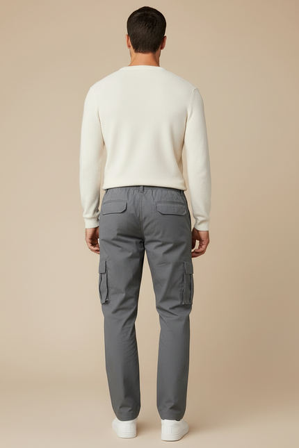 Pantalon Cargo Gris Droit Décontracté Multipoches Coton - vue 2