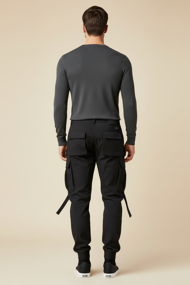 Pantalon Cargo Noir Tactique Multipoches Ajusté Homme - Toile - vue 2