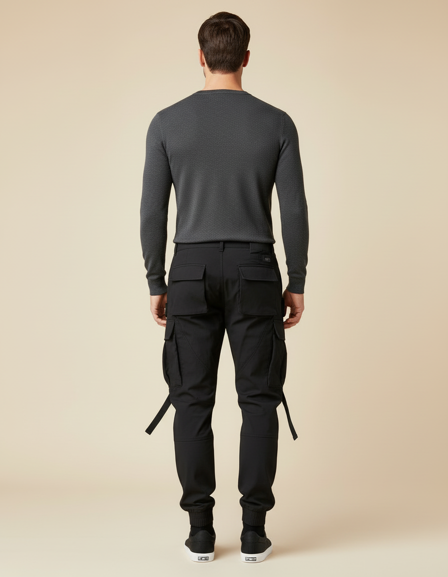 Pantalon Cargo Noir Tactique Multipoches Ajusté Homme - Toile - vue 2