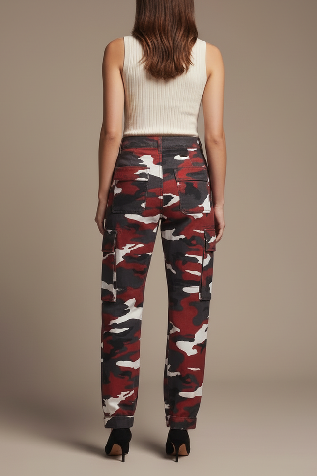 Pantalon Cargo Camouflage Rouge Multipoches Décontracté Femme - Toile - vue 2