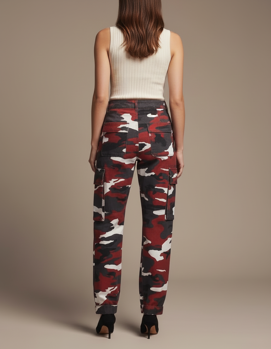 Pantalon Cargo Camouflage Rouge Multipoches Décontracté Femme - Toile - vue 2