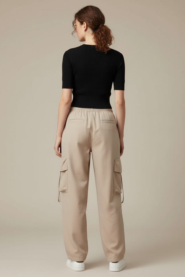 Pantalon Cargo Beige Ample Multipoches Cordon Décontracté - Polyester - vue 2