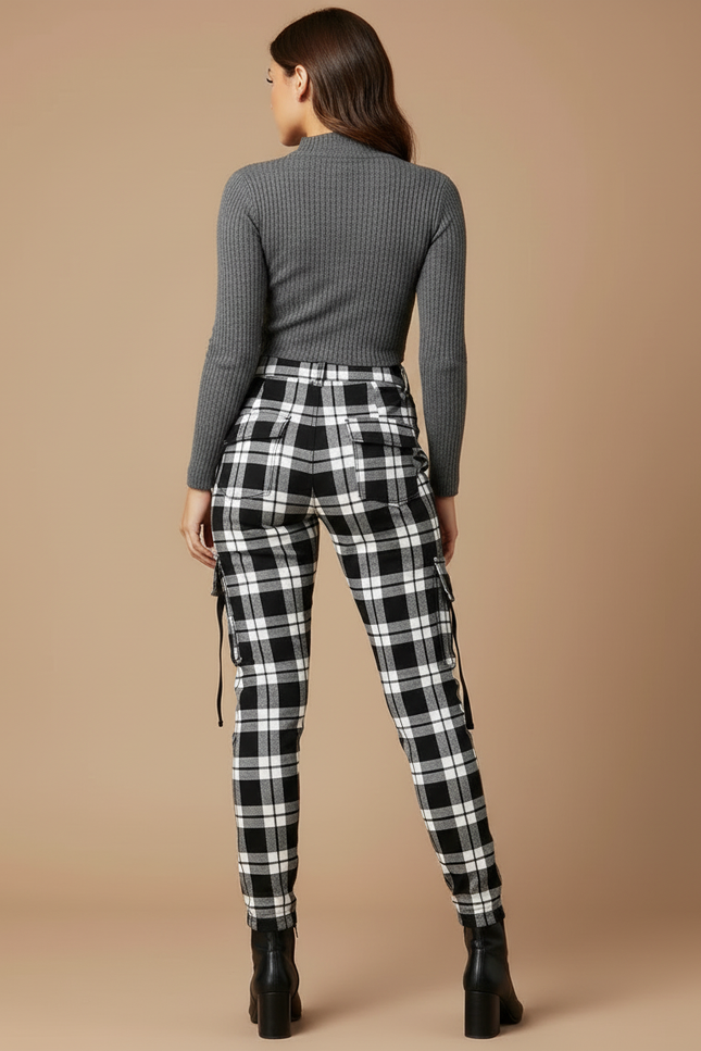 Pantalon Cargo Carreaux Noir Blanc Slim Femme - Multicolore Coton - vue 2