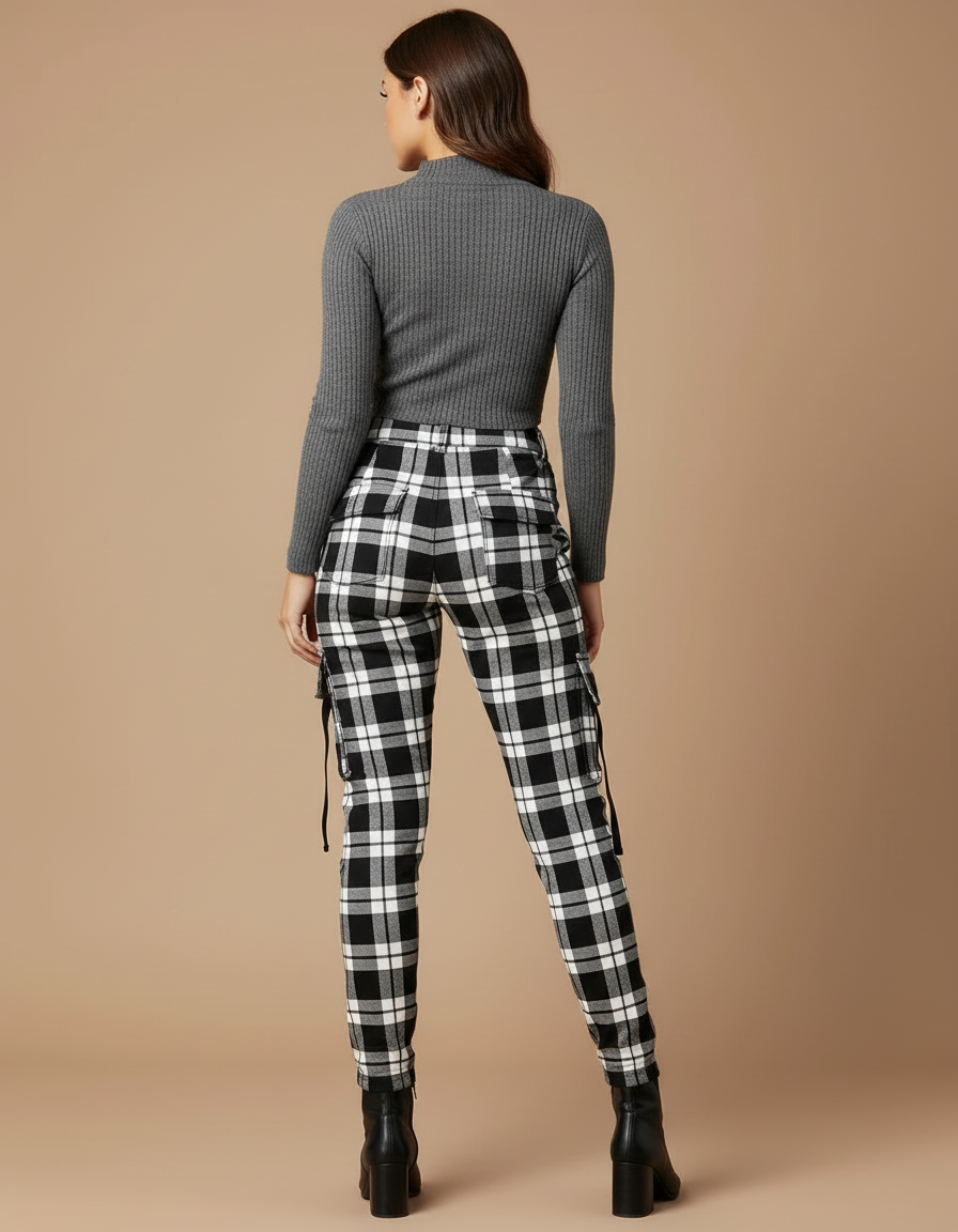 Pantalon Cargo Carreaux Noir Blanc Slim Femme - Multicolore Coton - vue 2