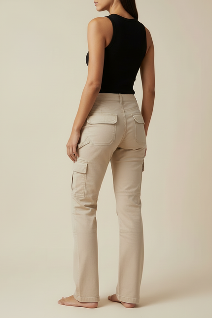 Pantalon Cargo Beige Droit Taille Haute Multipoches - Toile - vue 2