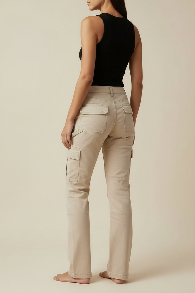 Pantalon Cargo Beige Droit Taille Haute Multipoches - Toile - vue 2