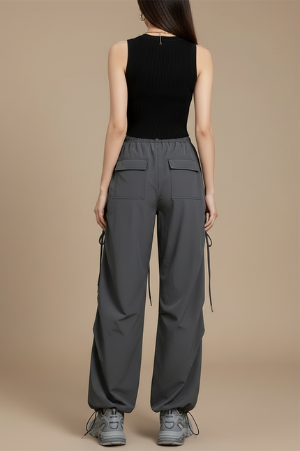 Pantalon Cargo Gris Ample Cordon Streetwear Femme - Polyester - vue 2