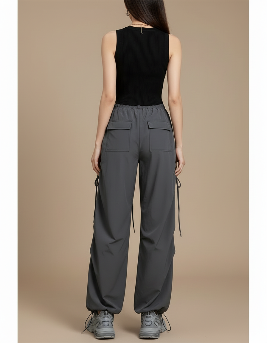 Pantalon Cargo Gris Ample Cordon Streetwear Femme - Polyester - vue 2