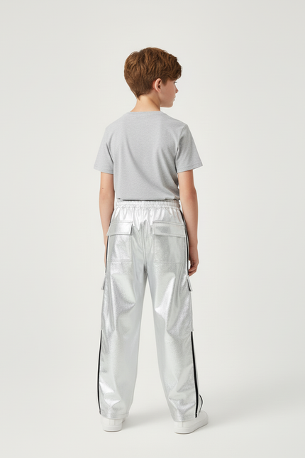 Pantalon Cargo Argenté Brillant Ample Bandes Noires Enfant - Polyester - vue 2