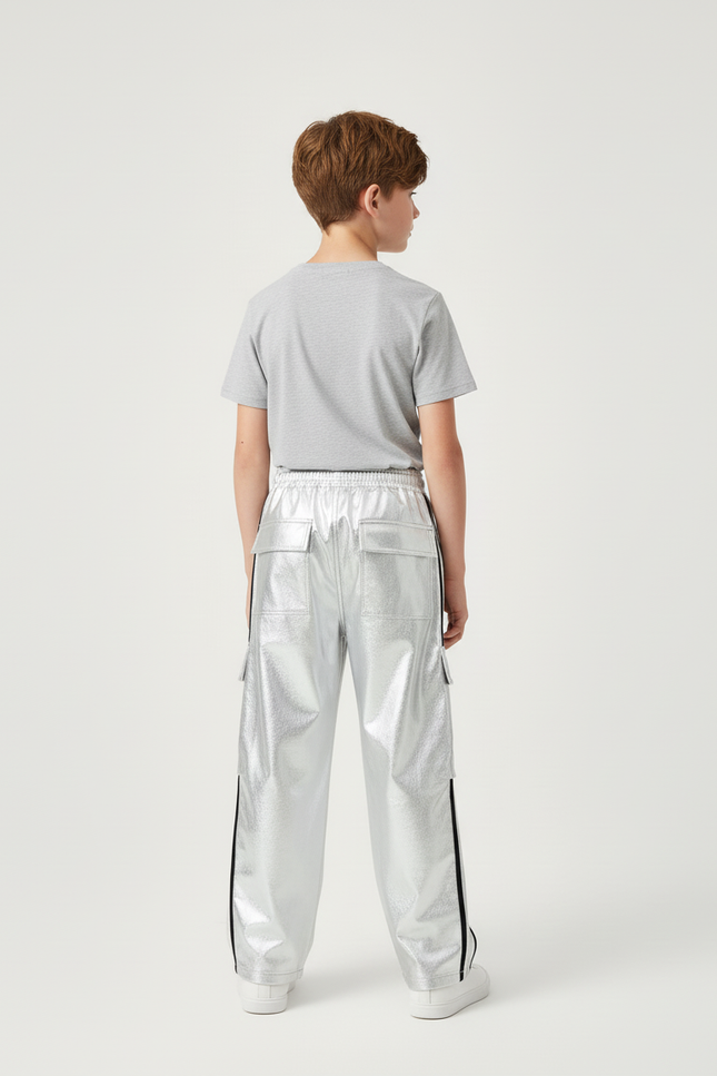Pantalon Cargo Argenté Brillant Ample Bandes Noires Enfant - Polyester - vue 2
