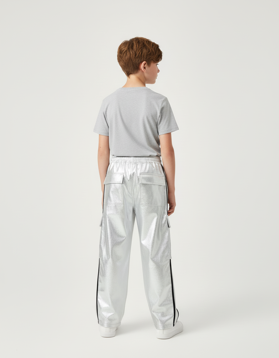 Pantalon Cargo Argenté Brillant Ample Bandes Noires Enfant - Polyester - vue 2
