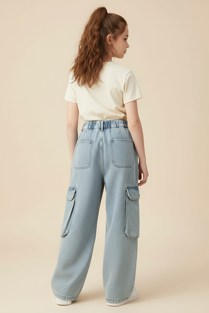 Pantalon Cargo Jean Ample Poches Denim Enfant - Bleu - vue 2