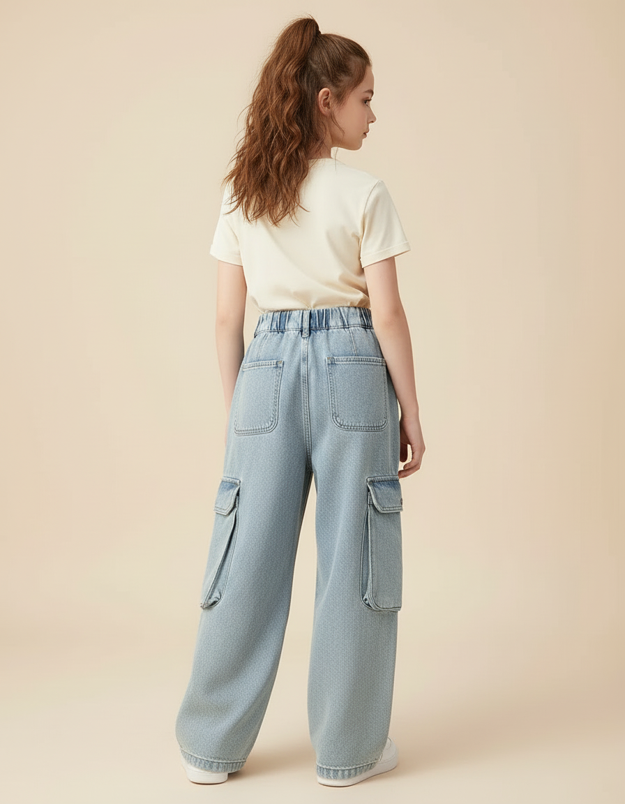 Pantalon Cargo Jean Ample Poches Denim Enfant - Bleu - vue 2