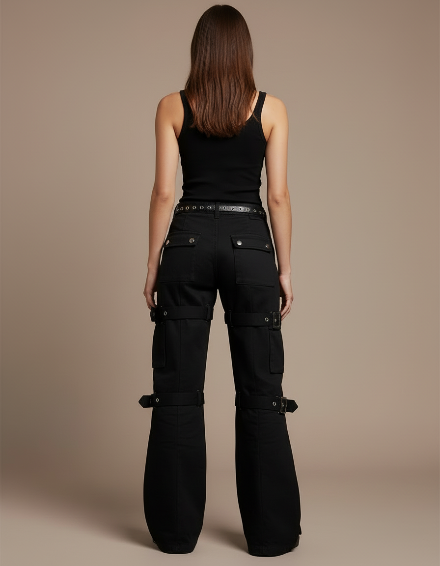 Pantalon Cargo Noir Ample Ceintures Boucles Streetwear - Toile - vue 2