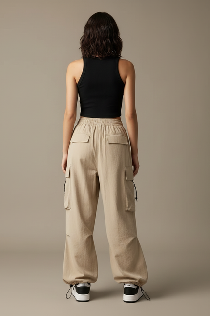 Pantalon Cargo Beige Ample Taille Haute Femme - Coton - vue 2
