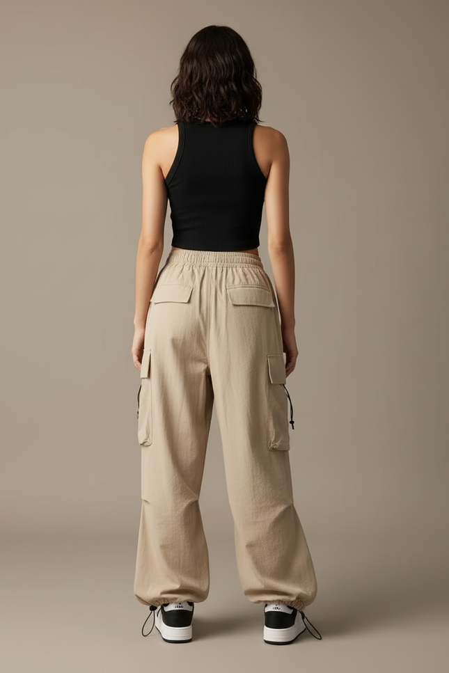 Pantalon Cargo Beige Ample Taille Haute Femme - Coton - vue 2