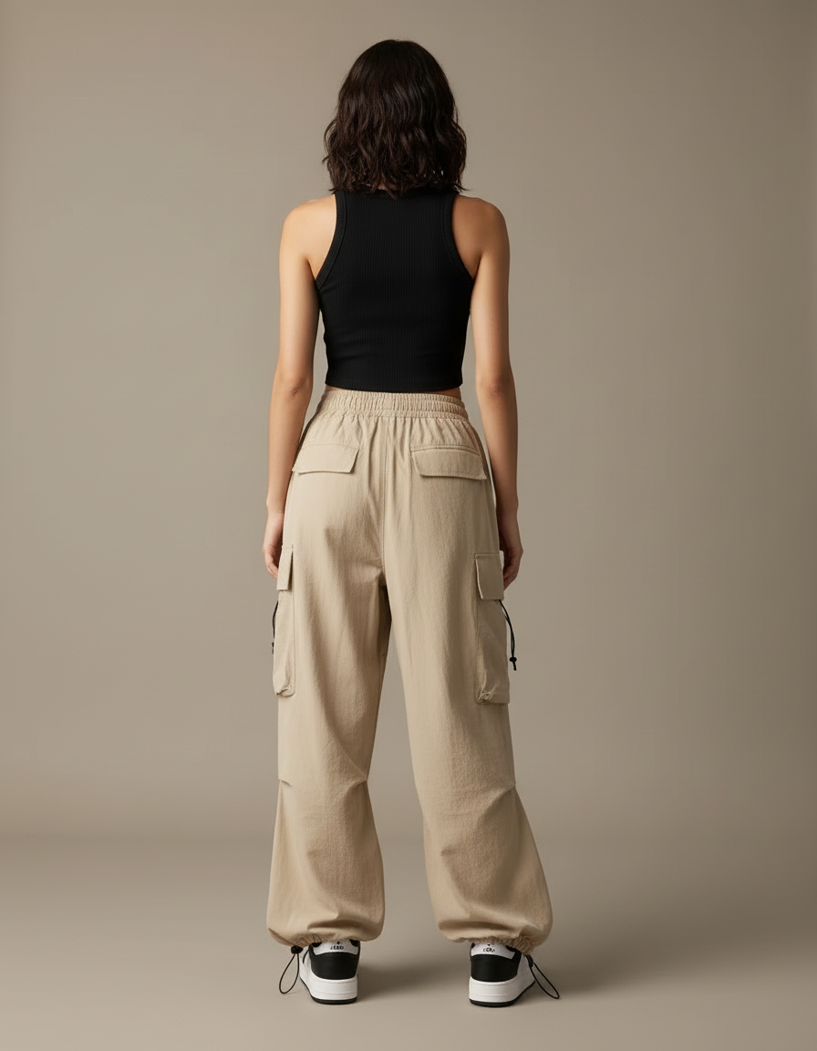 Pantalon Cargo Beige Ample Taille Haute Femme - Coton - vue 2