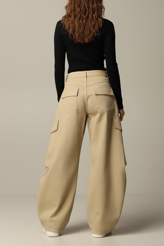 Pantalon Cargo Beige Ample Coton Multipoches Décontracté - vue 2
