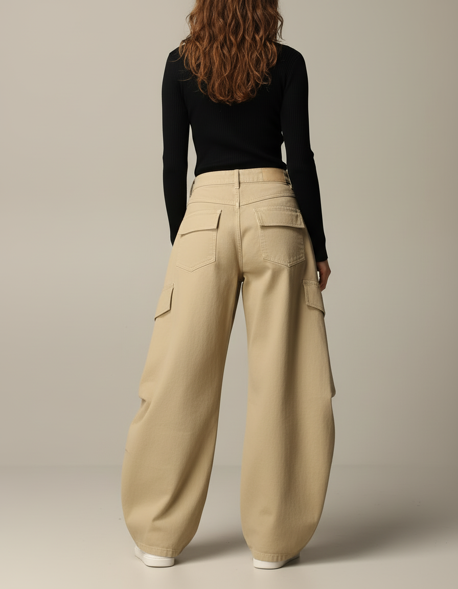 Pantalon Cargo Beige Ample Coton Multipoches Décontracté - vue 2